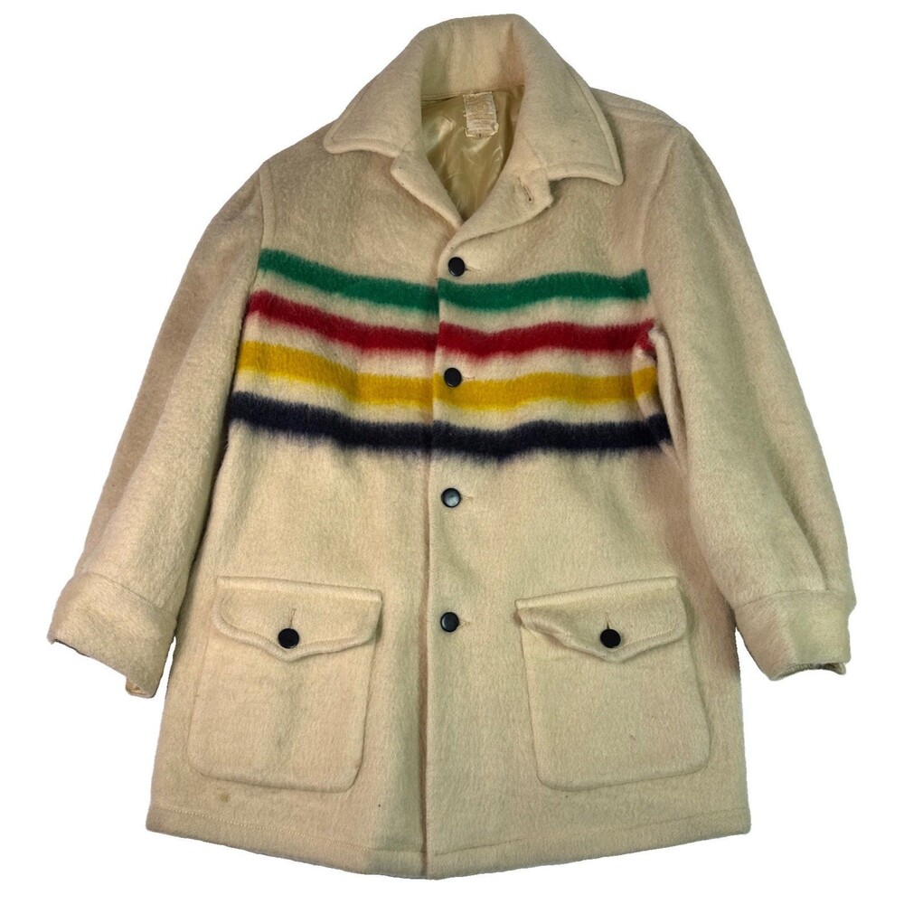 Vintage Hudson’s Bay Wool Point Blanket Jacket Coat Rainbow Stripe Women’s Med.